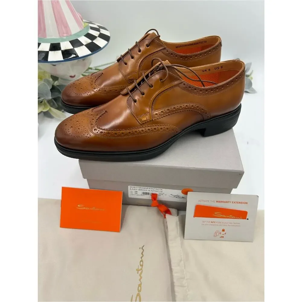 Men's Santoni easy wing tip brown burnished leather size 9 US made in Italy